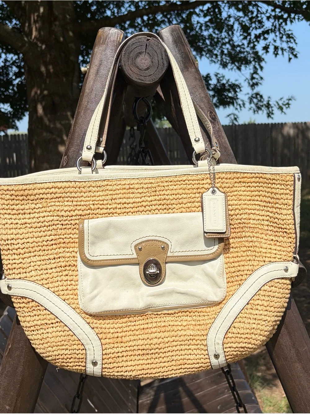 Coach Natural Straw Tote with Cream Leather Trim
